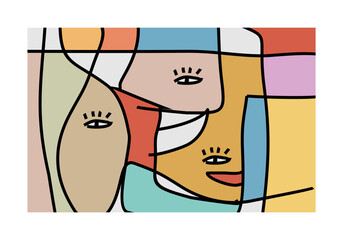 abstract illustration featuring multiple intertwined faces or facial elements
