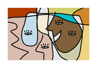 abstract illustration featuring multiple intertwined faces or facial elements