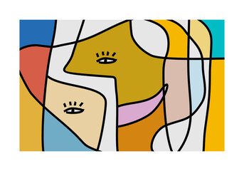 abstract illustration featuring multiple intertwined faces or facial elements