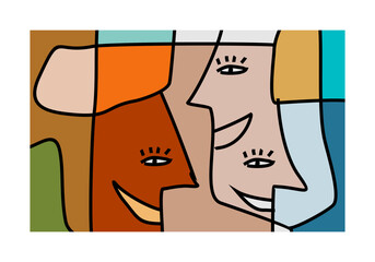 abstract illustration featuring multiple intertwined faces or facial elements