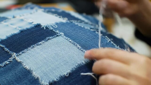 Hand stitches denim patchwork, varying blue hues, frayed edges visible