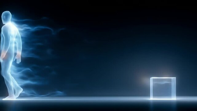 Luminous humanoid figure strides toward a glowing cube in a dark ethereal space