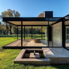 Fototapeta premium Modern home exterior with glass walls and a stone water feature