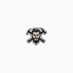Bearded Builder Mascot Logo with Crossed Hammers isolated with white background. 
