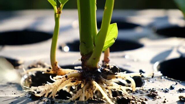 Seedling roots sprouting from tray, close-up