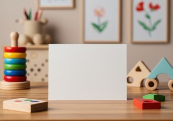 Blank white card standing on wooden table in children room, surrounded by colorful toy. Background for baby room art, pregnancy announcements, baby shower announcement.