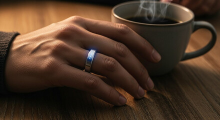  Close-up on a person's hand with diverse, clean skin, wearing a minimalist smart ring made of polished titanium with a subtle, soft blue glow.
