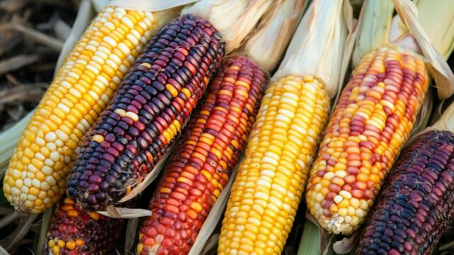 Ears of colorful flint corn with various shades of yellow, purple, red, and orange, displayed on dried corn husks