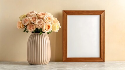 Peach roses in vase with wooden frame mockup