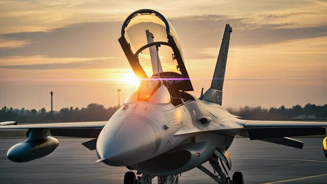 Fighter jet taxiing on runway during sunset with cockpit open and pilots preparing for takeoff
