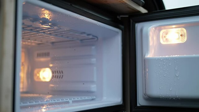 Open mini fridge with metal racks and illuminated interior, condensation evident