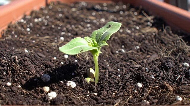 Sprout emerges from dark, rich soil dotted with white perlite in a brown pot