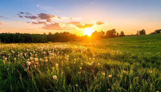 Sunrise over a field of dandelions
