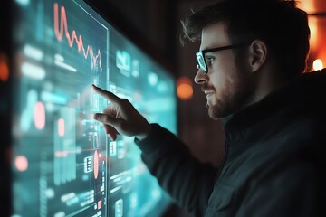 Man analyzing data on touchscreen.