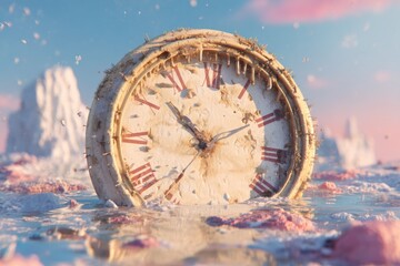 Clock melting under the sun, symbol of running out of time for the environment, pastel surrealism.