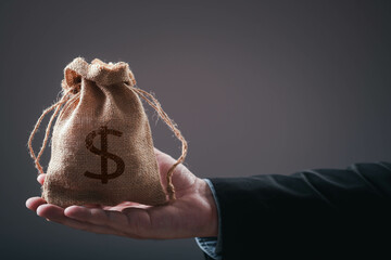 A hand holds a burlap sack with a dollar sign, symbolizing wealth and finance in a minimalist, dark...