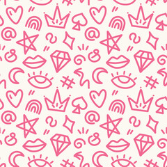 Seamless pink vector pattern featuring hand-drawn elements: eyes, diamonds, arches, crowns, spirals, and more. Modern, playful, and stylish design perfect for fashion, stationery, and digital projects