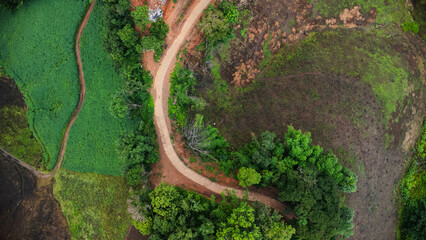 Aerial view of a mountain that has been cut down and destroyed by humans. Bird's-eye view of...