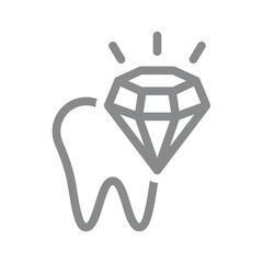 Tooth with shiny diamond vector line icon. Healthy teeth, oral care and whitening symbol.