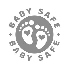 Product safe for babies vector label. Baby safe, suitable goods with footprints and heart.