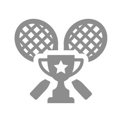 Badminton or tennis championship with award cup. Racquet or racket crossed, tennis tournament and champion winner vector icon.