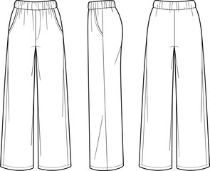 Women's Wide Leg Pants Flat Sketch, Elastic Waist Design with Side Pockets, Fashion Apparel Template for Comfortable Casual Wear and Relaxed Style. © Hasan Creatives