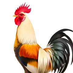 "Colorful Rooster Standing Isolated on White Background – Farm Poultry Bird with Red Comb and Feathers, Domestic Livestock Animal"


