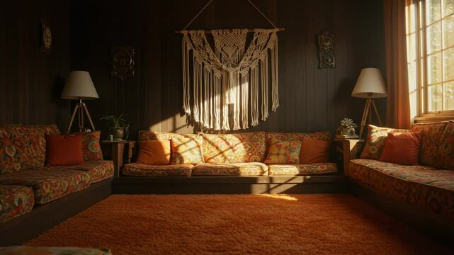 Cozy retro living room with patterned sofas, warm lighting, and macrame wall hanging