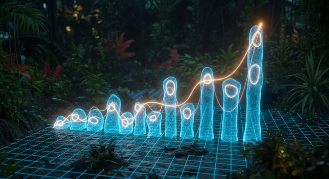 Data Visualization, Growth Trends, Lush Forest, Digital Art, Natural Environment, Elevated Perspective, Insights