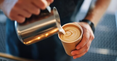 Barista preparing cappuccino pouring milk foam making latte art in takeaway paper cup in a cafe