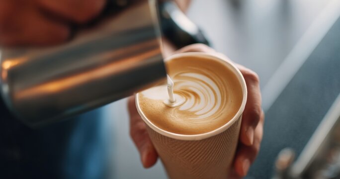 Barista skillfully preparing a takeaway latte with intricate art, showcasing professional pouring techniques in a bustling coffee shop