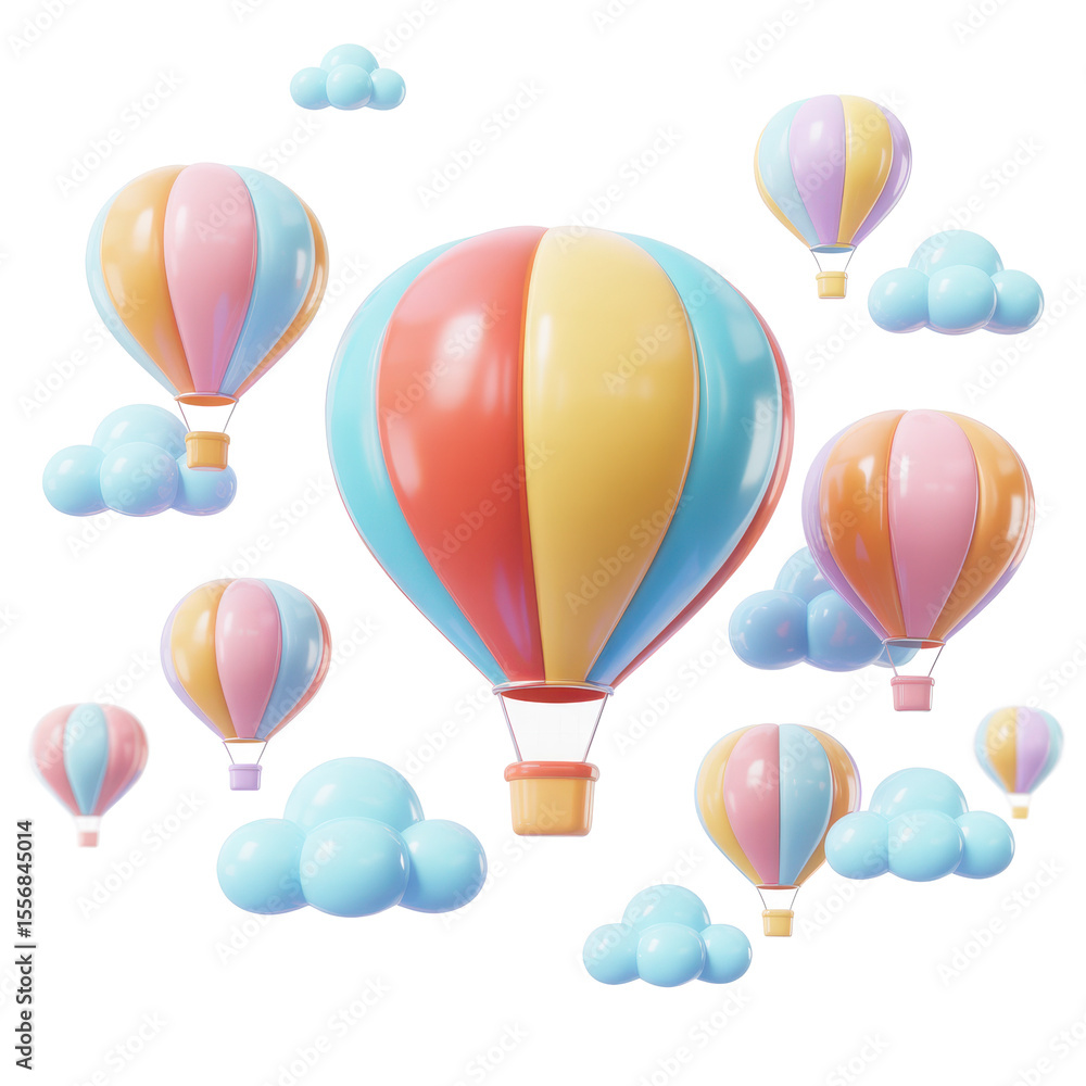 Poster a delightful collection of colorful hot air balloons and fluffy clouds floating in the sky isolated 