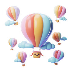 Collection of cheerful cartoon hot air balloons with happy faces and fluffy clouds floating in a soft pastel sky isolated on transparent background