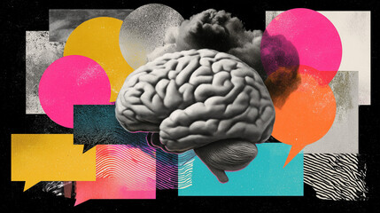 collage of brain with colorful speech bubbles, themes of ADHD and neurodiversity