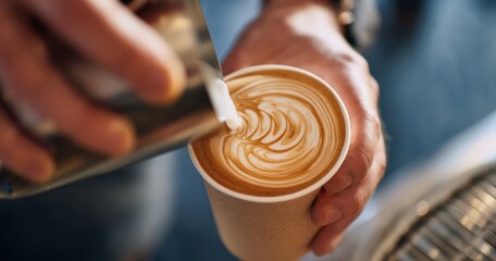 Barista carefully pouring milk into coffee, creating beautiful latte art pattern in a takeaway cup