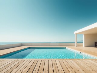 Obraz premium Empty Wooden Deck by Pool - Sunny Day, Vintage Aesthetic