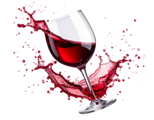  pilled Wine Glass Tipped Over with Red Wine Splashing Side Angle isolated on transparent background PNG