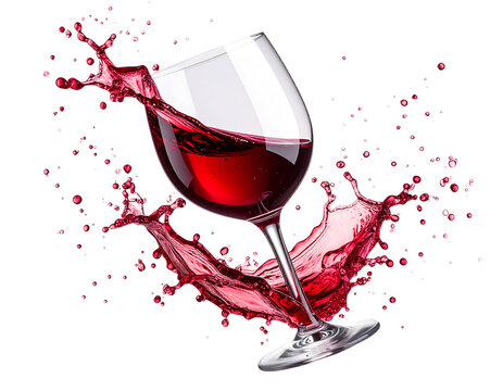  pilled Wine Glass Tipped Over with Red Wine Splashing Side Angle isolated on transparent background PNG
