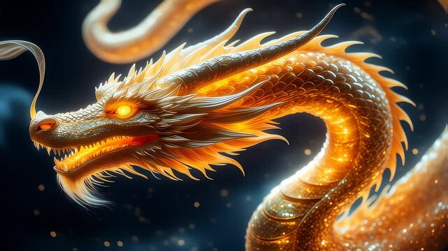 Golden Dragon Coiled Around Itself with Smoke Billowing from Nostrils