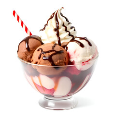 "Delicious Chocolate Ice Cream Sundae with Whipped Cream and Fruit – Sweet Frozen Dessert in Glass Cup Isolated on White Background"

