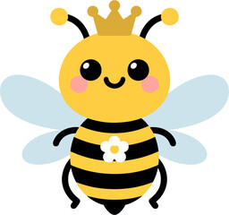 Cute Queen Bee with Crown and Flower – Kawaii Cartoon Honeybee Character Illustration