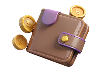 A 3d render of a brown leather wallet with a purple clasp and several golden coins featuring a dollar sign scattered around it on a black background