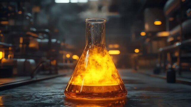 A conical flask filled with an orange liquid placed on a wet surface within an industrial or laboratory environment
