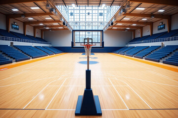 basketball court inside of a large gymnasium with blue seats