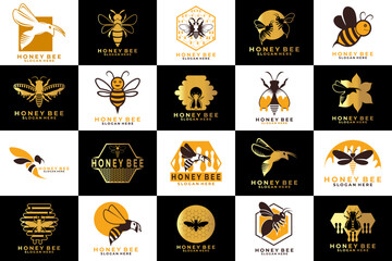 Big set of Bee, Honey Bee, and Hive logo design template. Bee farm and animal logo design collections