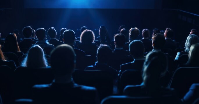 Audience sitting in chairs watching movie in dark cinema, seen from behind, with light rays coming from the screen