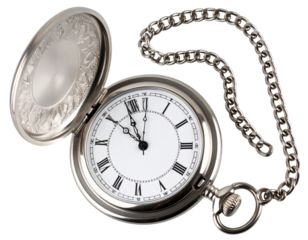  Open Antique Silver Pocket Watch with Visible Clock Face and Chain, isolated on transparent background PNG
