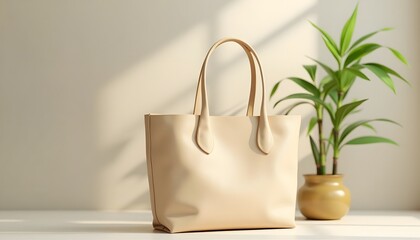 A beige tote bag stands beside a potted plant in a sunlit room