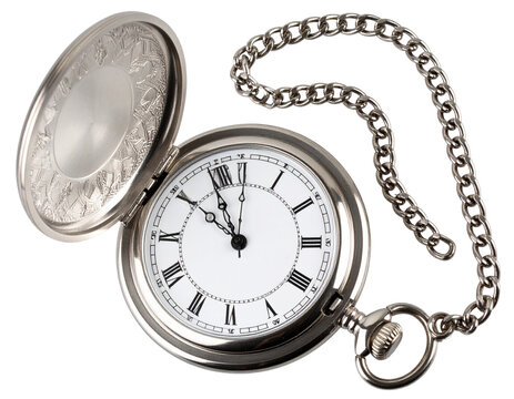  Open Antique Silver Pocket Watch with Visible Clock Face and Chain, isolated on transparent background PNG