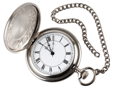  Open Antique Silver Pocket Watch with Visible Clock Face and Chain, isolated on transparent background PNG